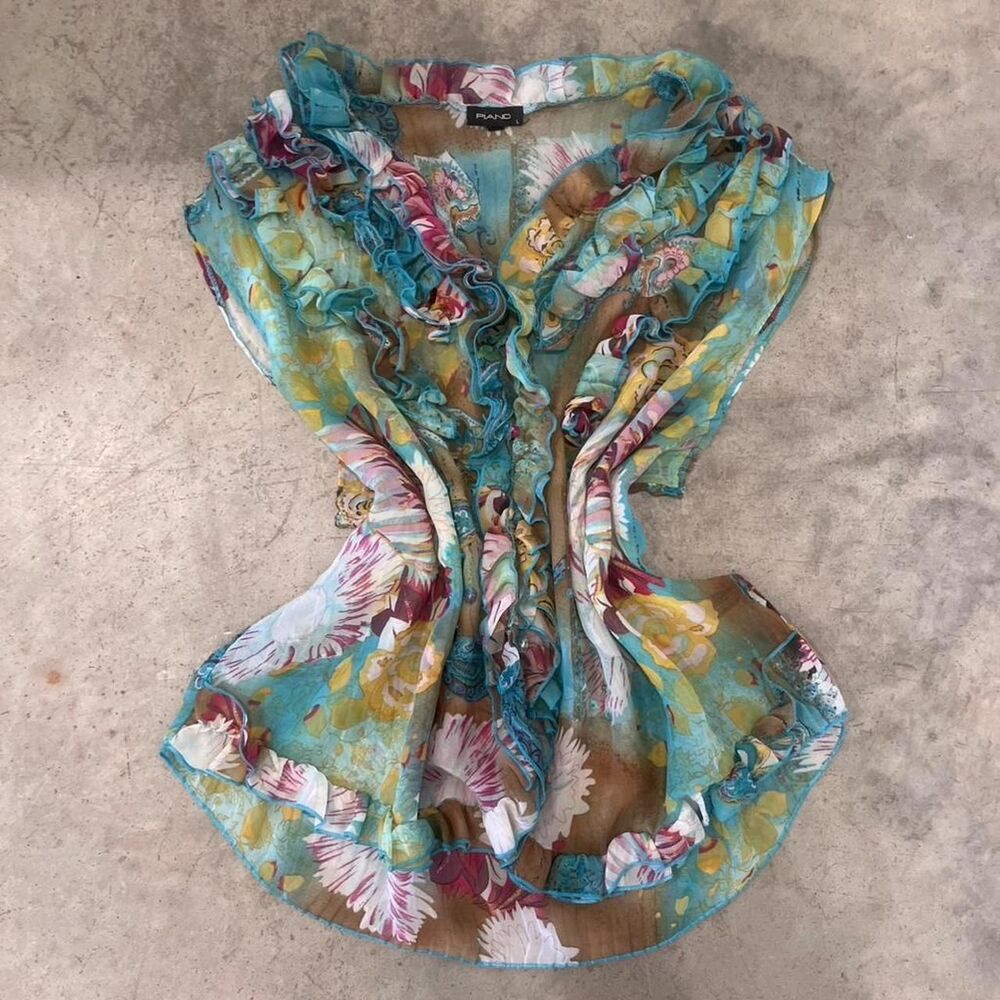 Y2K Size L Floral ruffle shear vest tank blouse with sequins and beading